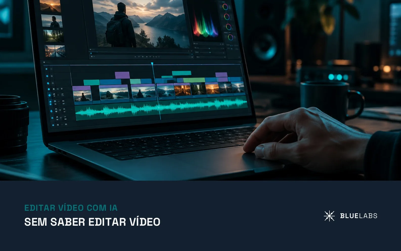 Capa do artigo, uma linha do tempo de edição de vídeo com forma de onda de áudio na tela de um laptop, com o título sobre editar vídeo com IA