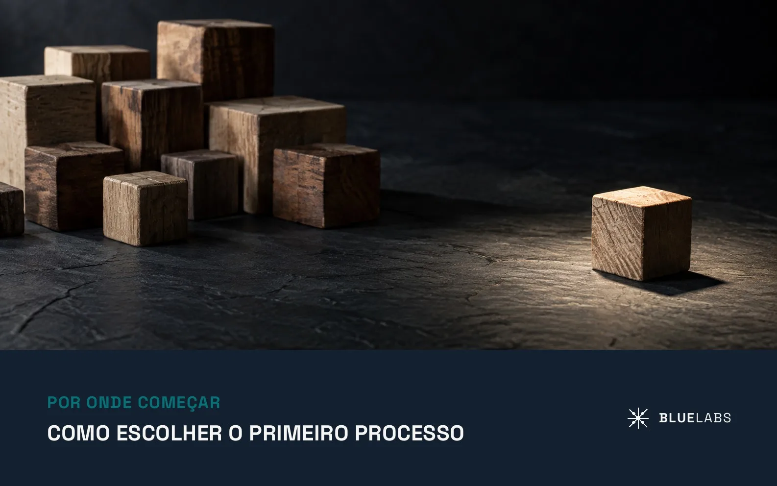 Capa do artigo, blocos de madeira de tamanhos diferentes sobre ardósia escura, com um deles separado do grupo sob um foco de luz, com o título sobre primeiro processo para automatizar