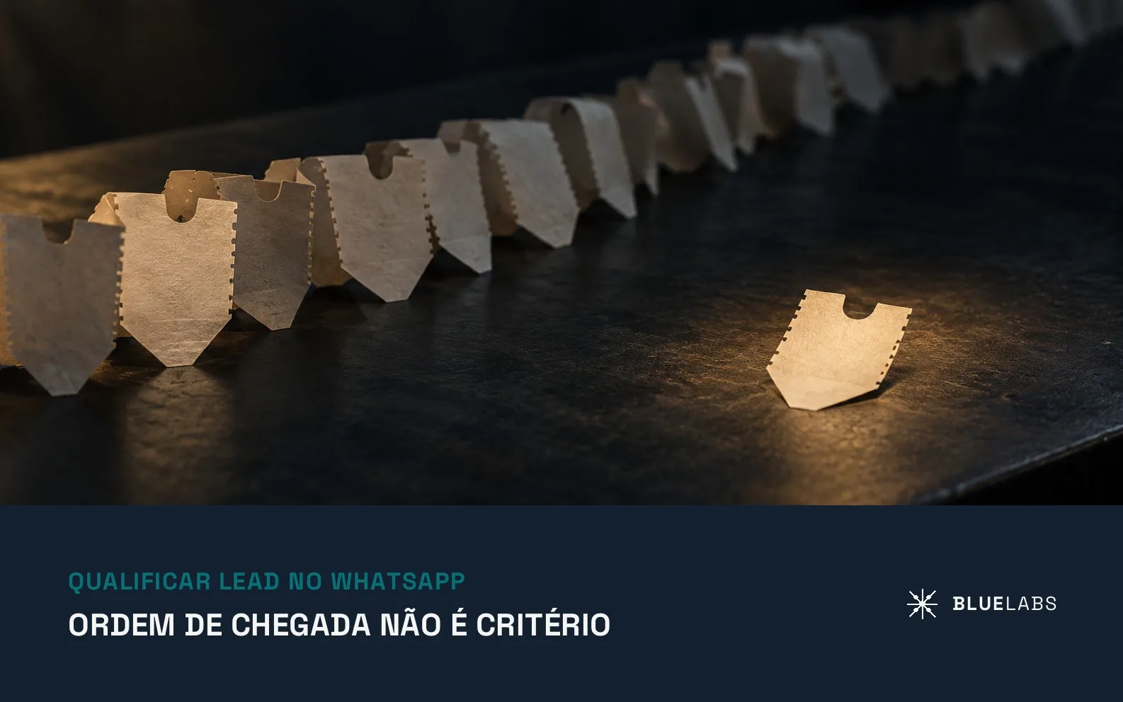 Capa do artigo, uma fileira de senhas de papel espalhadas sobre um balcão escuro, com uma delas separada sob um foco de luz, com o título sobre qualificar lead no WhatsApp