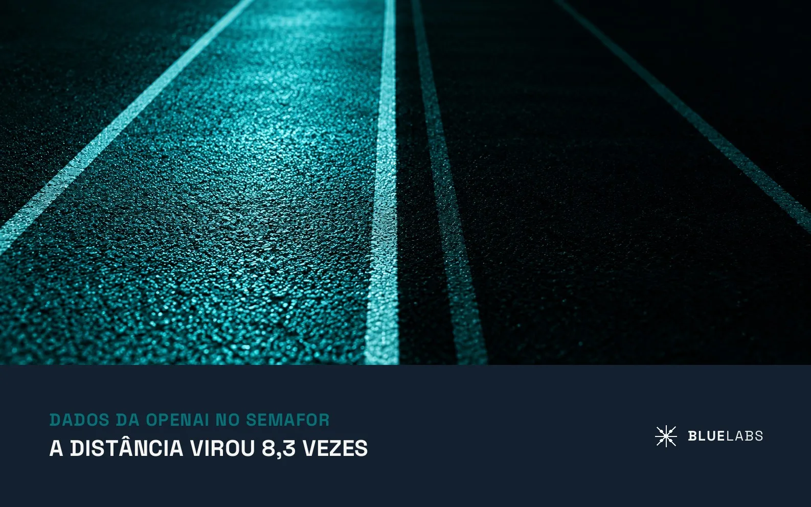 Capa do artigo, duas raias de pista de corrida, uma iluminada à frente e a outra sumindo no escuro, com o título sobre uso de IA nas empresas
