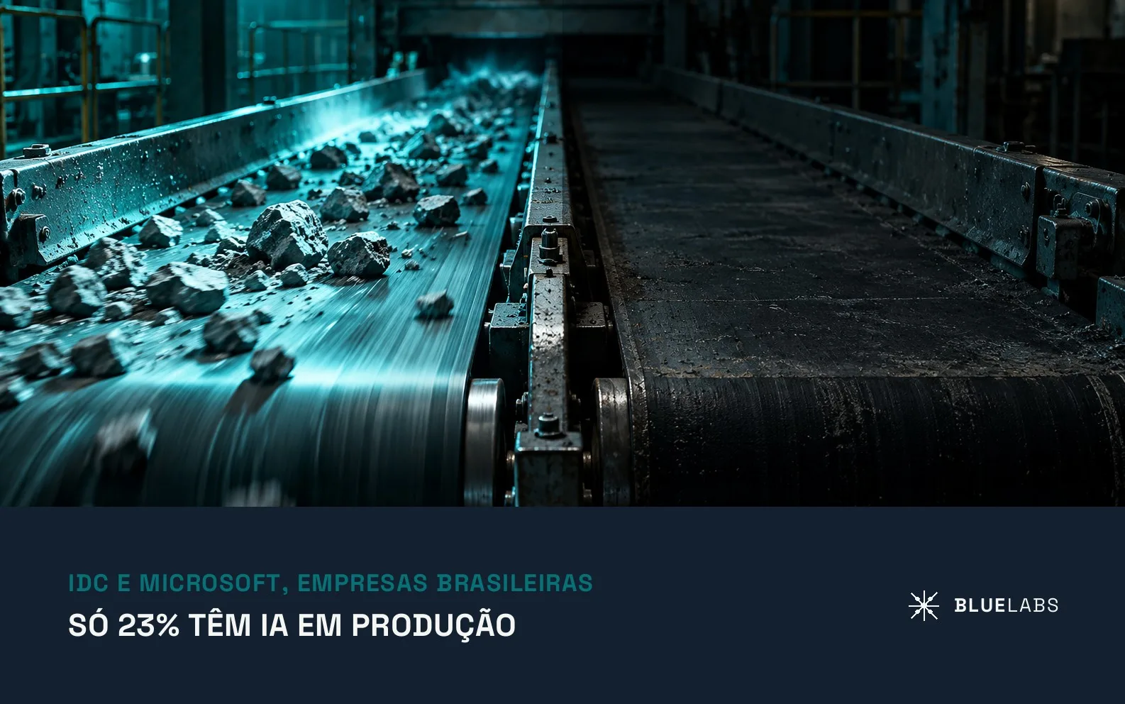 Capa do artigo, uma esteira industrial com metade em movimento e iluminada e metade parada na sombra, com o título sobre IA em produção