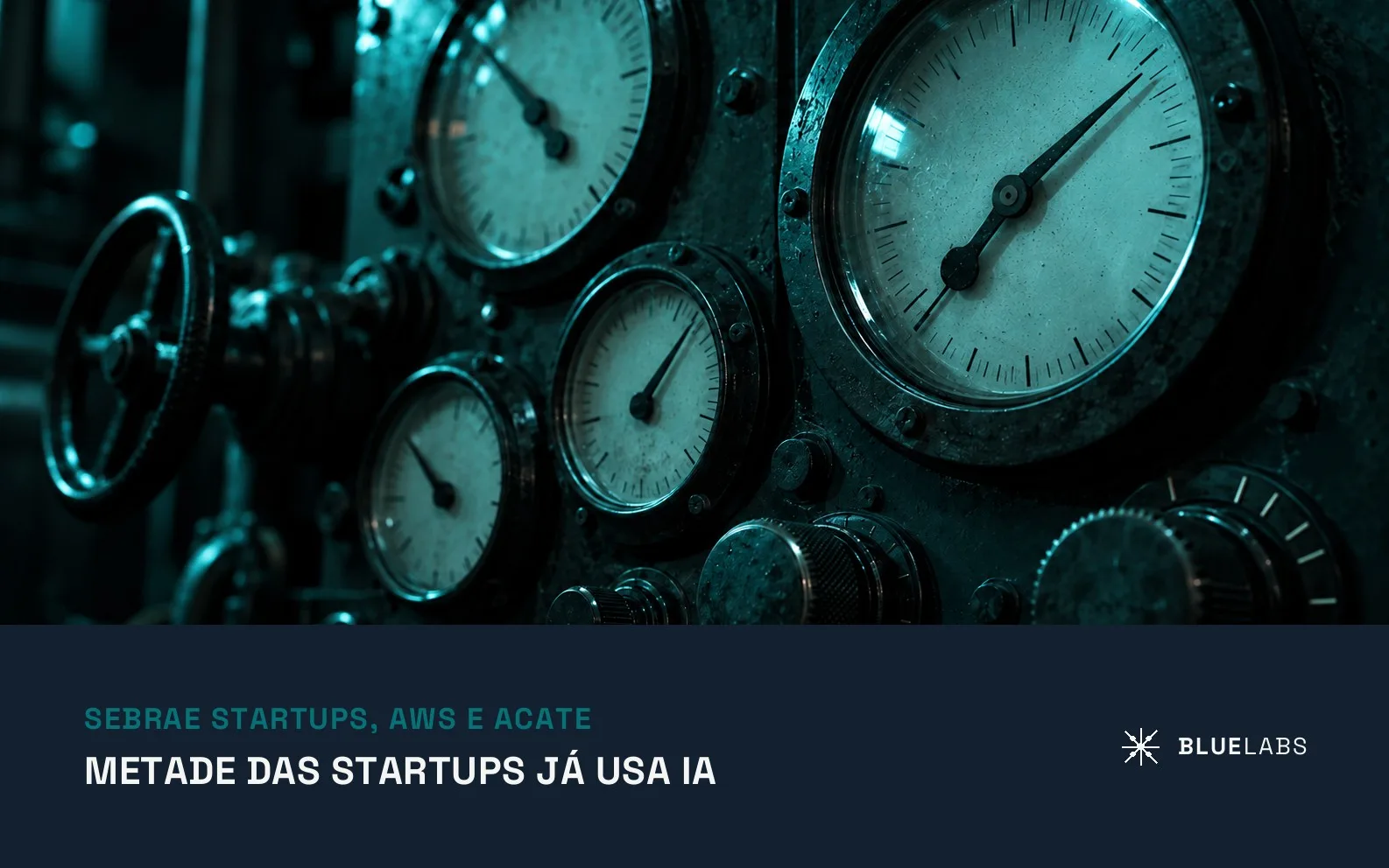Capa do artigo, um painel de controle com vários mostradores analógicos marcando leituras diferentes, com o título sobre IA nas startups brasileiras