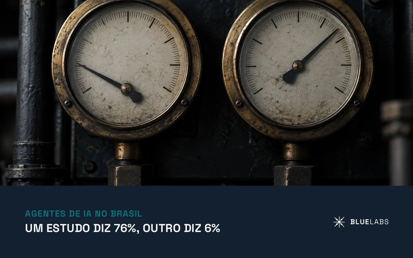 Capa do artigo, dois manômetros analógicos iguais lado a lado em um painel escuro, com os ponteiros apontando para posições bem diferentes, com o título sobre pesquisas de adoção de IA