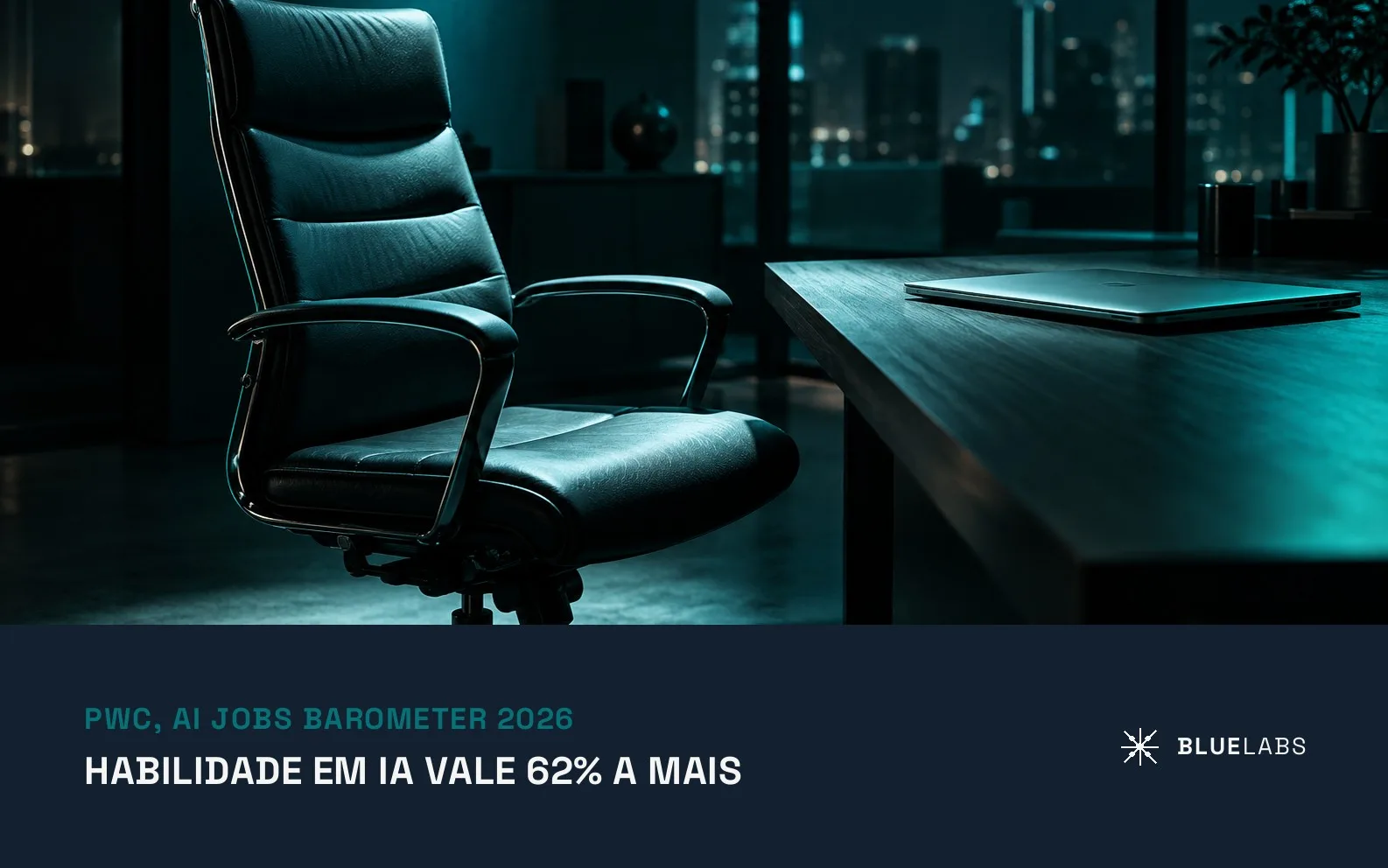 Capa do artigo, uma cadeira de escritório vazia sob um foco de luz, ao lado de uma mesa com laptop fechado, com o título sobre habilidade em IA