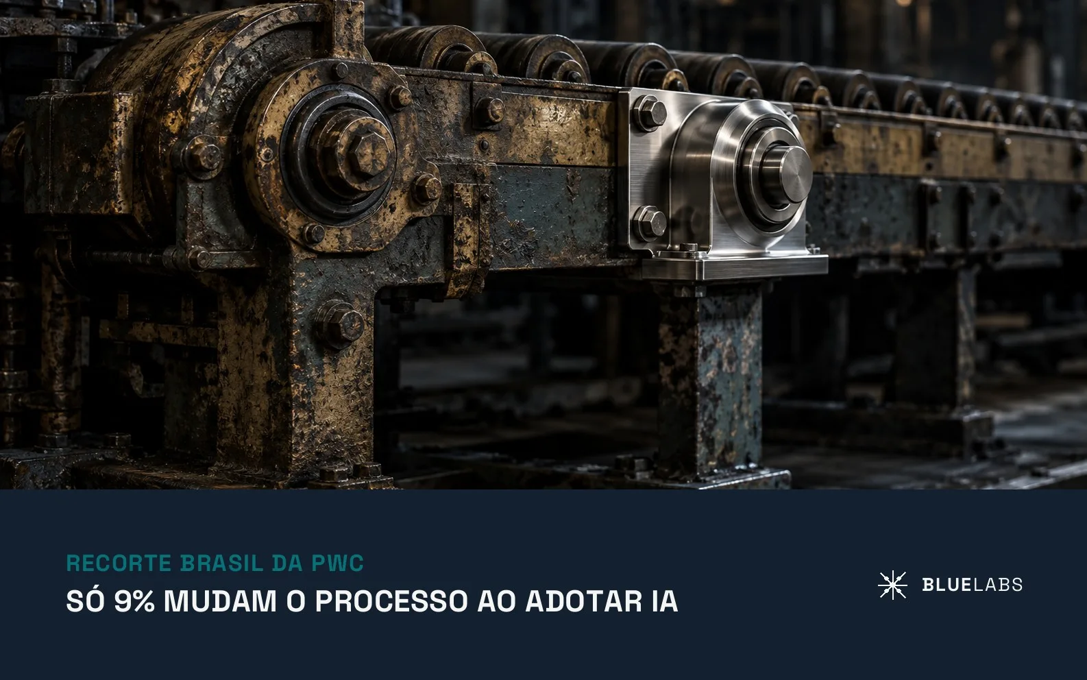 Capa do artigo, uma peça de metal polida recém parafusada sobre a estrutura gasta de uma esteira industrial antiga, com o título sobre redesenho de processo com IA